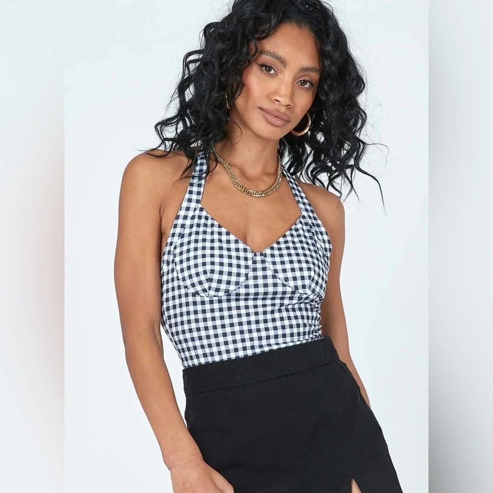 Princess Polly June Gingham Bodysuit Halter Tie Black White Check